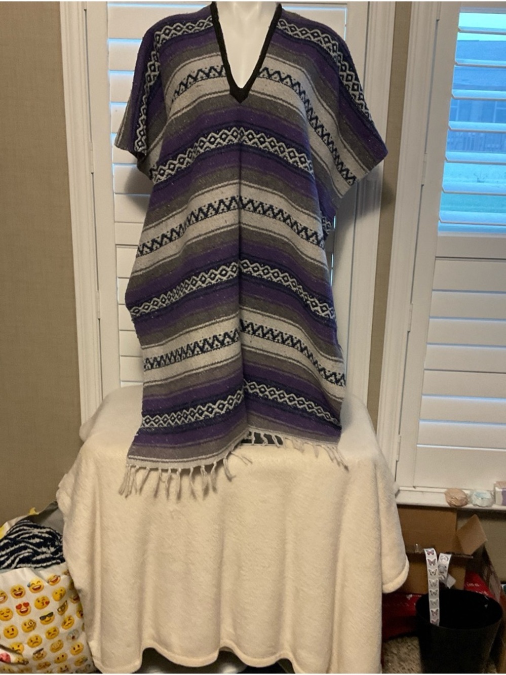 Purple & Gray Striped Poncho Sweater - V-Neck Fringe